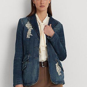 NWT LAUREN Ralph Lauren Lace Patchwork Denim Buttoned Blazer Jacket